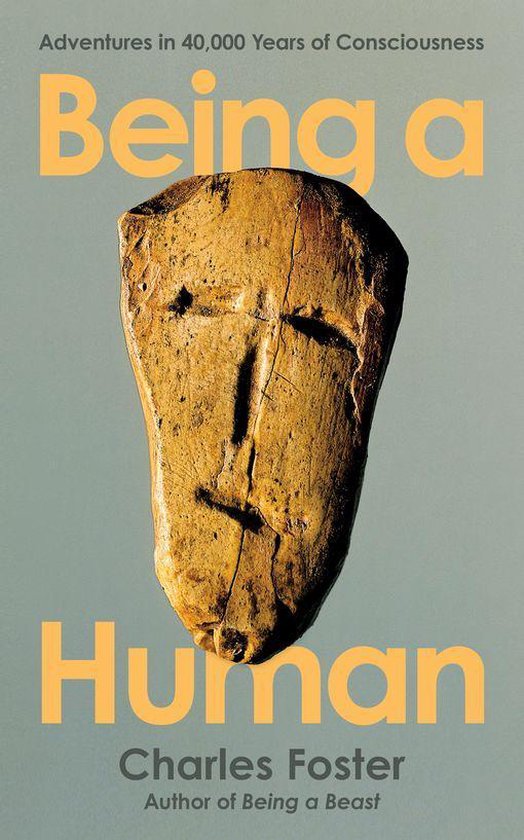Boekomslag voor 'Being a Human' met een oud masker en tekst in het geel.