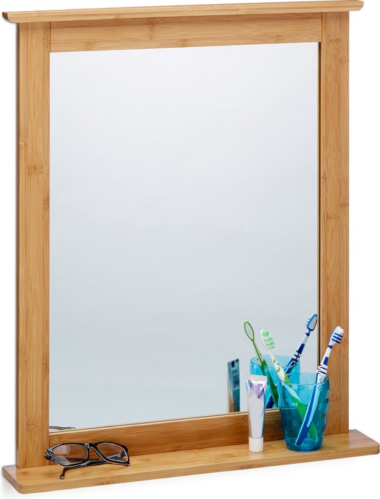 relaxdays - miroir mural en bambou avec étagère - miroir de salle de bain -  miroir en bois | bol