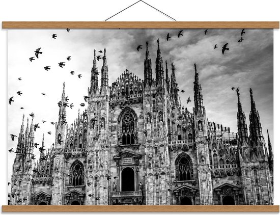 Schoolplaat – Kathedraal van Milaan met Vogels Zwart - Wit - 90x60cm Foto op Textielposter (Wanddecoratie op Schoolplaat)