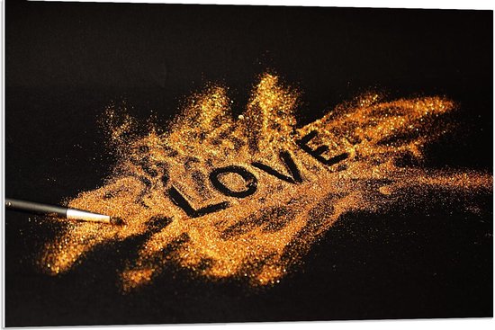 Forex - Gouden Glitters 'Love' Ingeschreven - 90x60cm Foto op Forex