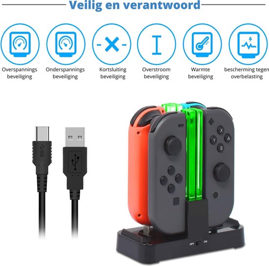 Vennic Quad Lader Voor Nintendo Switch - Switch Oplaadstation - Quad Charger - Switch Docking Station - Geschikt voor: Switch (Pro) Controller, Nintendo Switch Joy-Con En Console - USB C - Met Inclusief 8 Thumb Grips - Nintendo Docking Station - Vennic