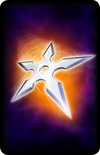 Kaart met een zilverkleurig shuriken op een paarse en oranje achtergrond.
