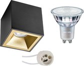 Opbouwspot Set - Pragmi Cliron Pro - GU10 Fitting - Opbouw Vierkant - Mat Zwart/Goud - Verdiept - 90mm - Philips - MASTER 927 36D VLE - 3.7W - Warm Wit 2200K-2700K - DimTone Dimbaar - BSE