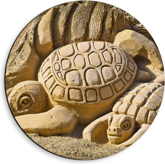 Dibond Wandcirkel - Zandsculpturen van Schildpadden - 40x40cm Foto op Aluminium Wandcirkel (met ophangsysteem)