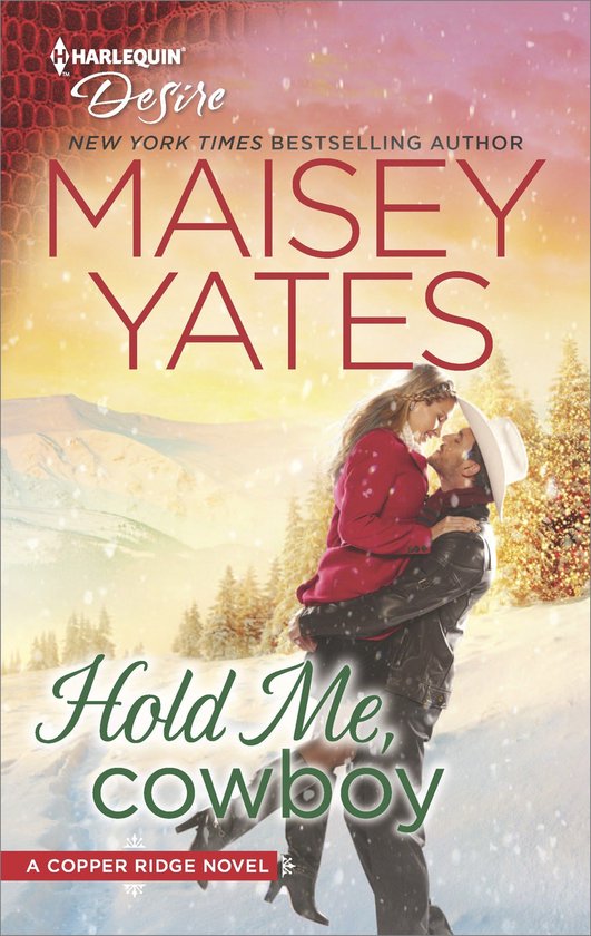 Een man met cowboyhoed omhelst een vrouw met roze jas in besneeuwd landschap. Titel: Hold Me, cowboy.