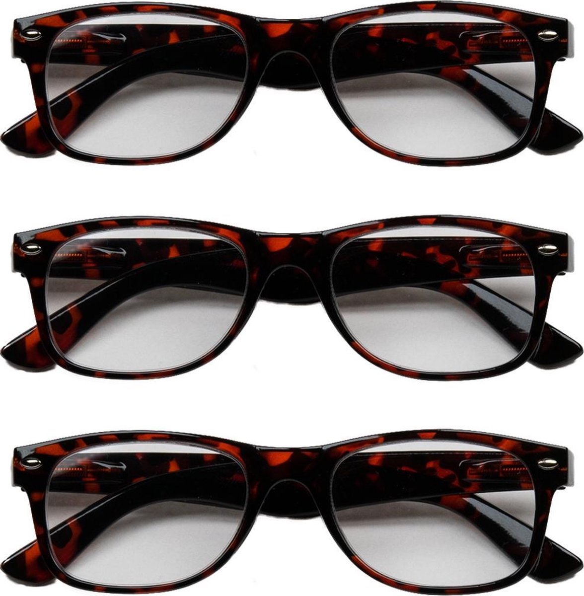 Melleson Eyewear - Wayfarer Leesbril Mat Havana - +1.00 - 3 Stuks - Kunststof/Carbon - Inclusief 3 Pouches