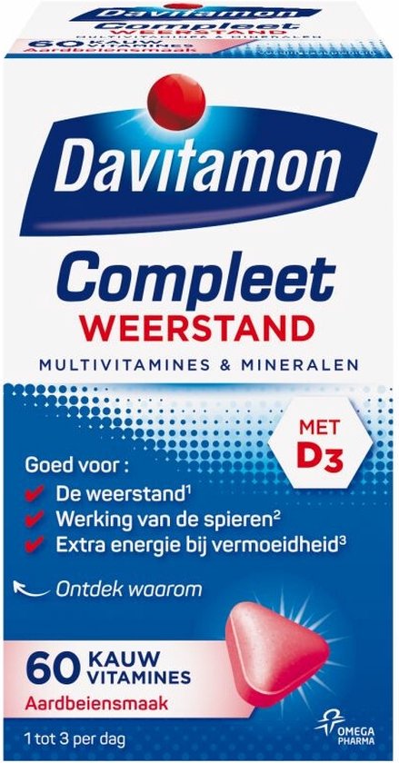 Multivitamine - Davitamon Compleet Weerstand - Kauwvitamines - aardbei - 60 tabletten