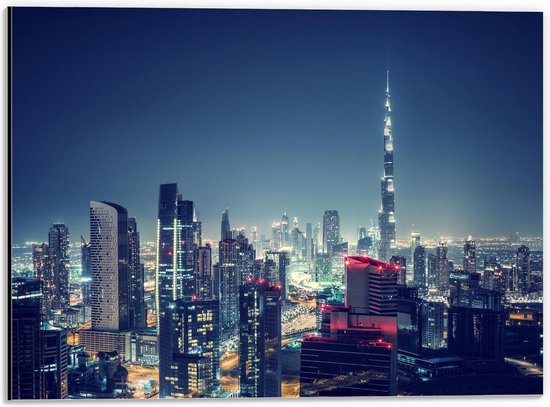 Dibond - Burj Khalifa in de Nacht - Dubai - 40x30cm Foto op Aluminium (Met Ophangsysteem)