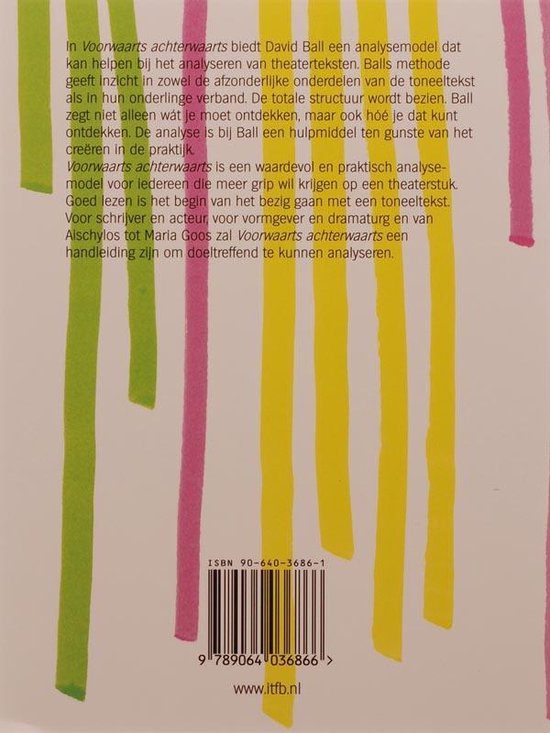 Achterkant boek "Voorwaarts Achterwaarts" met tekst en roze, gele en groene strepen.