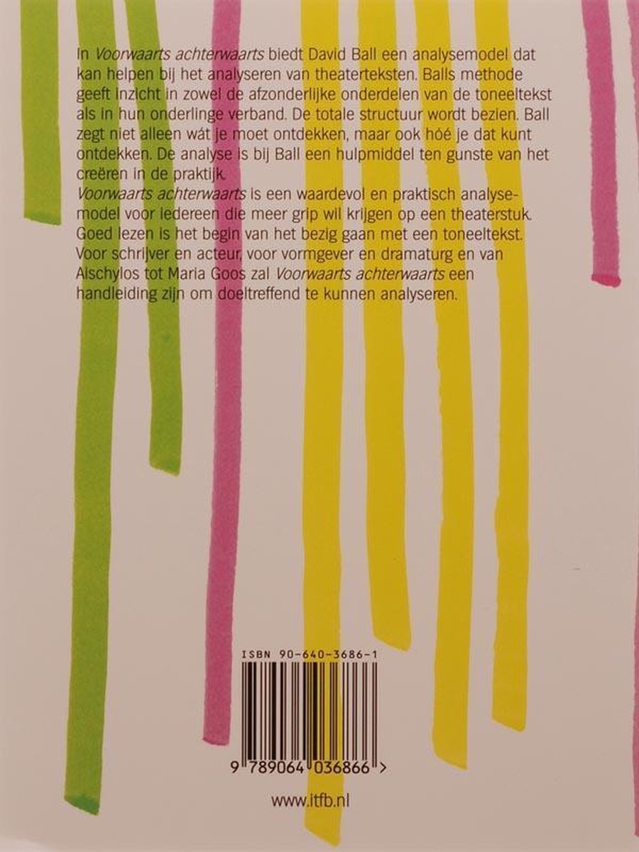 Achterkant boek "Voorwaarts Achterwaarts" met tekst en roze, gele en groene strepen.