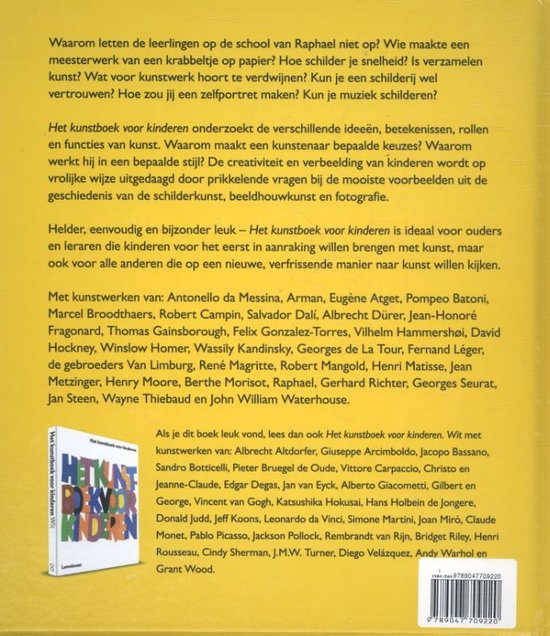 Boek met informatie over kunst voor kinderen. Titelpagina met tekst en een collage van kleurenletters.