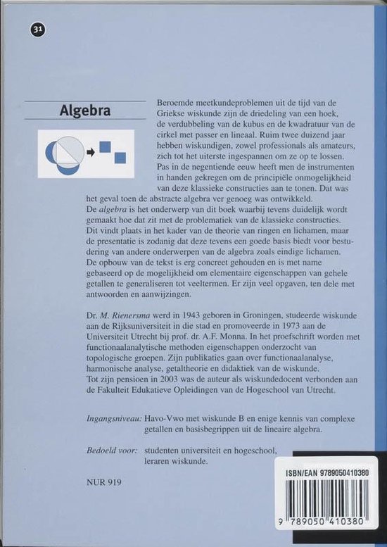 Livre "Algèbre" avec un cercle bleu avec un triangle et deux carrés bleus, et du texte néerlandais.