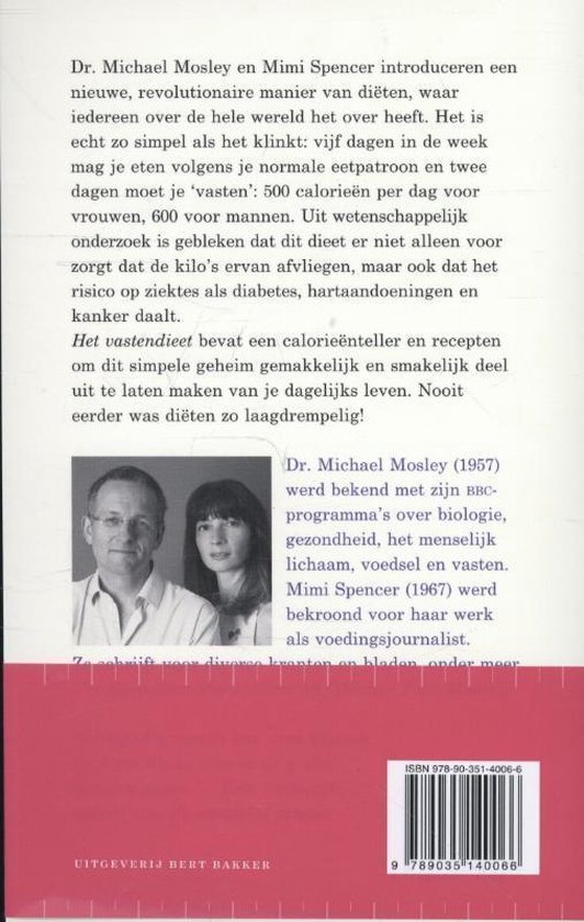Achterpagina van 'Het vastendieet' met foto van Dr. Michael Mosley en Mimi Spencer.