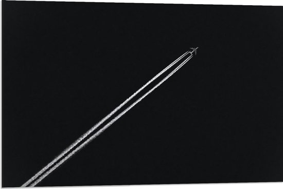 Dibond - Vliegtuig in de Lucht (schuin, zwart/wit) - 90x60cm Foto op Aluminium (Met Ophangsysteem)