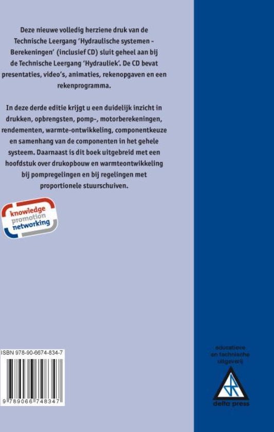 Achterkant van een boek met de titel Technische leergang Hydraulische systemen - Berekeningen.