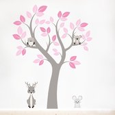 Muursticker meisjes babykamer boom met dieren | Meisjeskamer decoratie | kinderkamer XL | Hert | uil | koala | roze |
