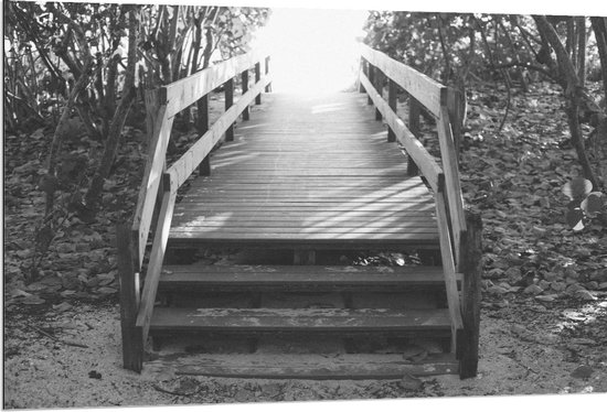 Dibond - Escalier de Plage (Zwart Wit) - Photo 120x80cm sur Aluminium (Décoration murale murale métal )