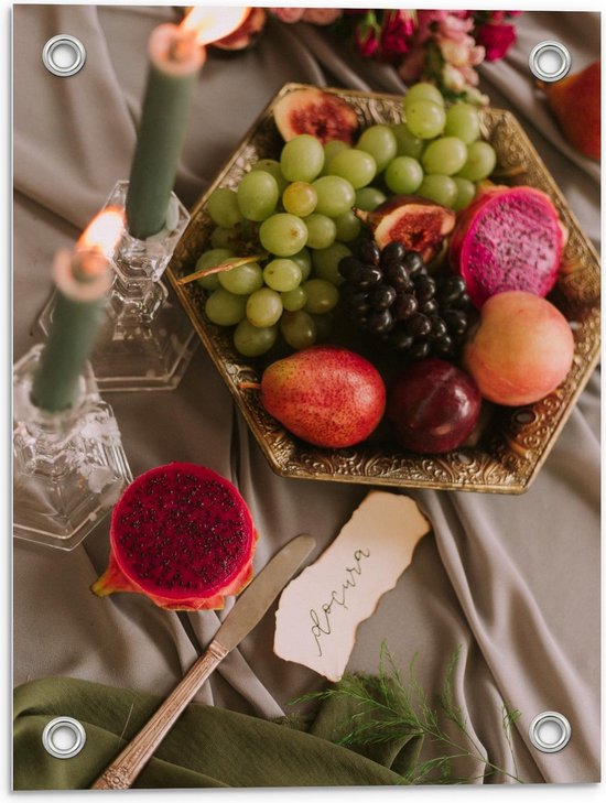 Tuinposter – Fruitmand met Fruit en met Kaarsen  - 30x40cm Foto op Tuinposter  (wanddecoratie voor buiten en binnen)