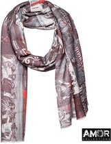 Sjaal rood - grijs - 100% Zomer wol - Bollywood print