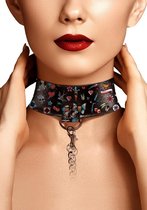 Printed Collar With Leash - Old School Tattoo Style - Black - Bondage Toys - black - Discreet verpakt en bezorgd