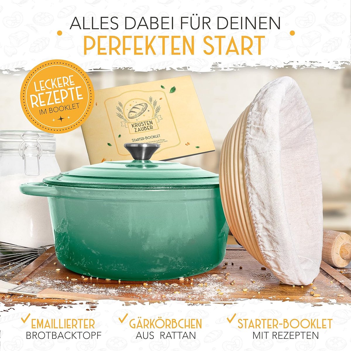 Kit De Démarrage Boulanger : 1 Panier à Pain Rond Silicone 25 Cm + Lames + Grattoirs + Autocollants - Pour Pain Maison, Levain, Débutants