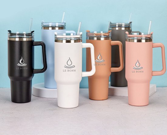 Tasse voyage avec anse, Tasses de voyage à café thermos, Gobelet isotherme  en acier inoxydable avec couvercle et paille