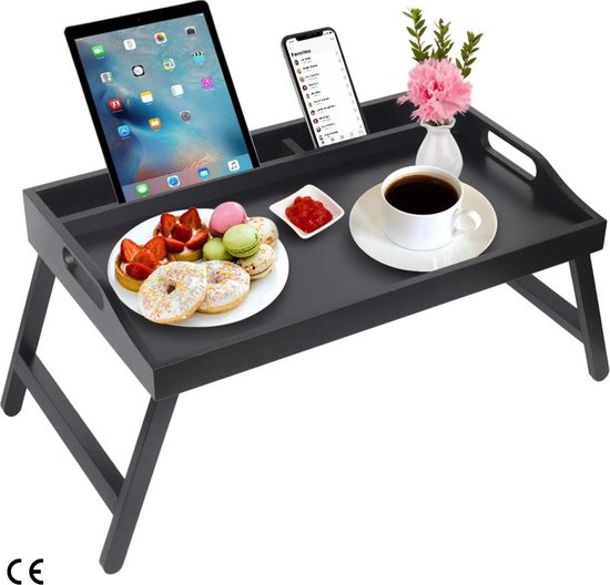 Opvouwbare Bamboe Bed Lade Tafel met Handgrepen en Media Sleuf - Multifunctionele Ontbijt- en Serveerschotel Lade - Ideaal voor Laptop, Snacks, TV, en meer - Stijlvol Zwart Ontwerp