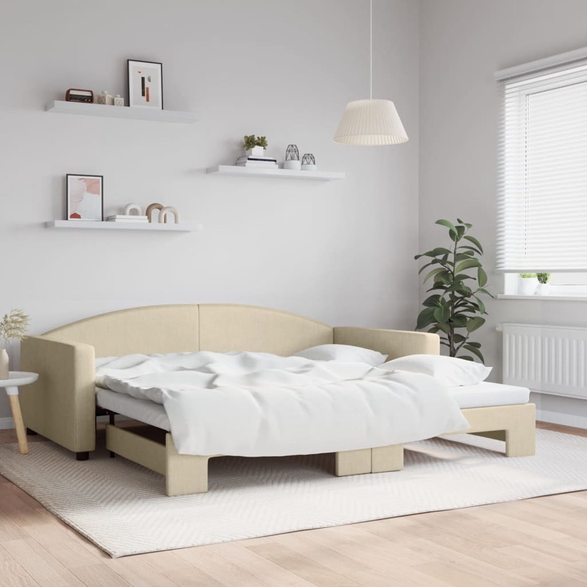 vidaXL - Slaapbank - met - onderschuifbed - 100x200 - cm - stof - crèmekleurig