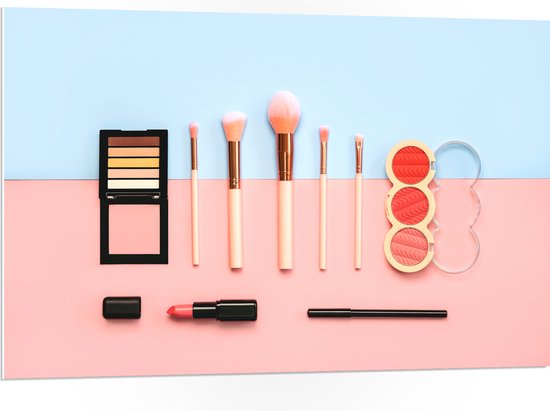 PVC Schuimplaat - Verzameling Makeup op Roze en Blauwe Pastel Achtergrond - 105x70 cm Foto op PVC Schuimplaat (Met Ophangsysteem)