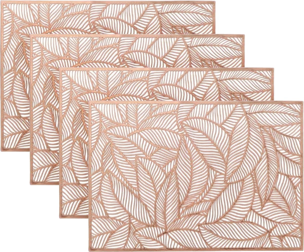 Unique Living Placemat Nissa - 8x - brons bladmotief - 30 x 45 cm - tafeldecoratie