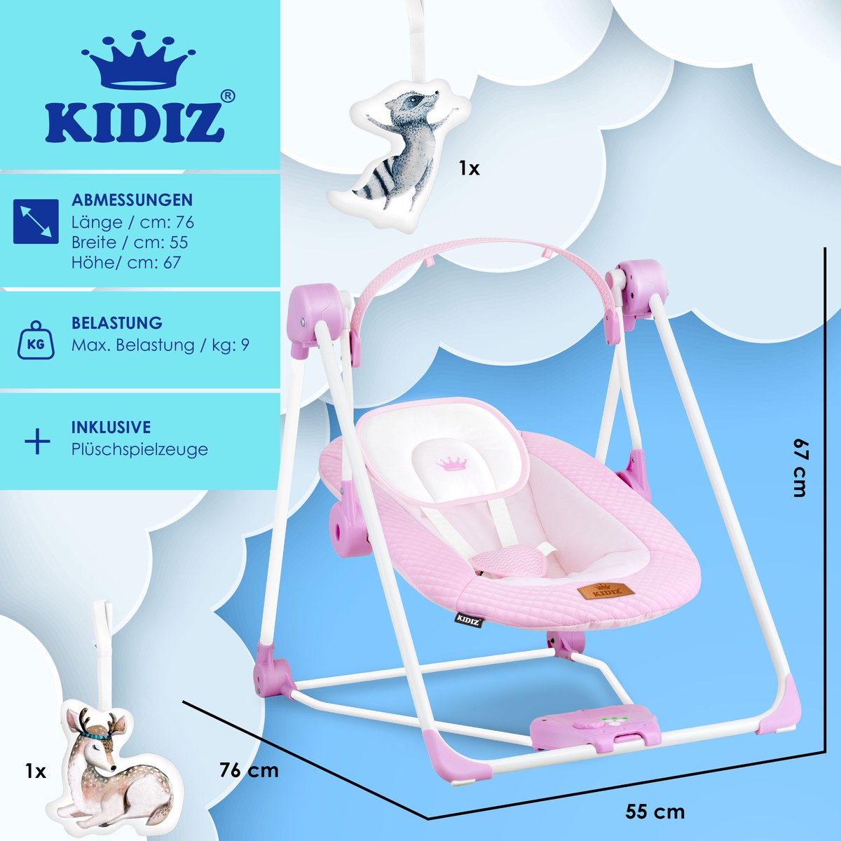 KIDIZ Wipstoel Baby Elektrisch Babyschommel tot max 9kg - Roze thumbnail 2