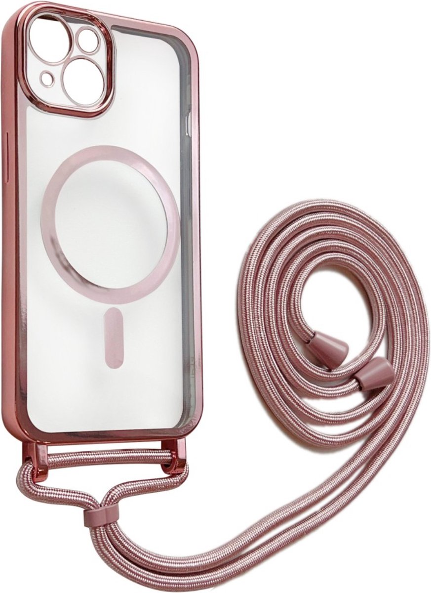 Apple iPhone 12 Pro Magnetisch Hoesje Met Lensbeschermer en Touwtje/koord- Magsafe - Magneet Case Met Ring en camera cover transparant met gekleurde rand -roze