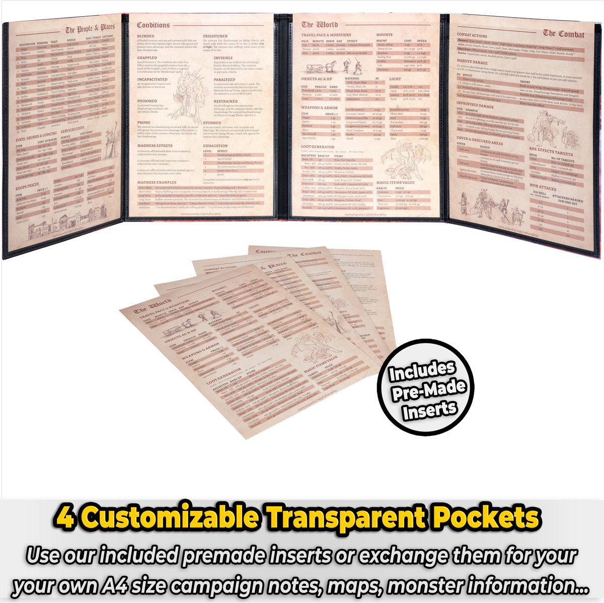 DND DM Screen 5E - Pantalla de Dungeon Master en Color con Encartes Personalizables - Accesorio
