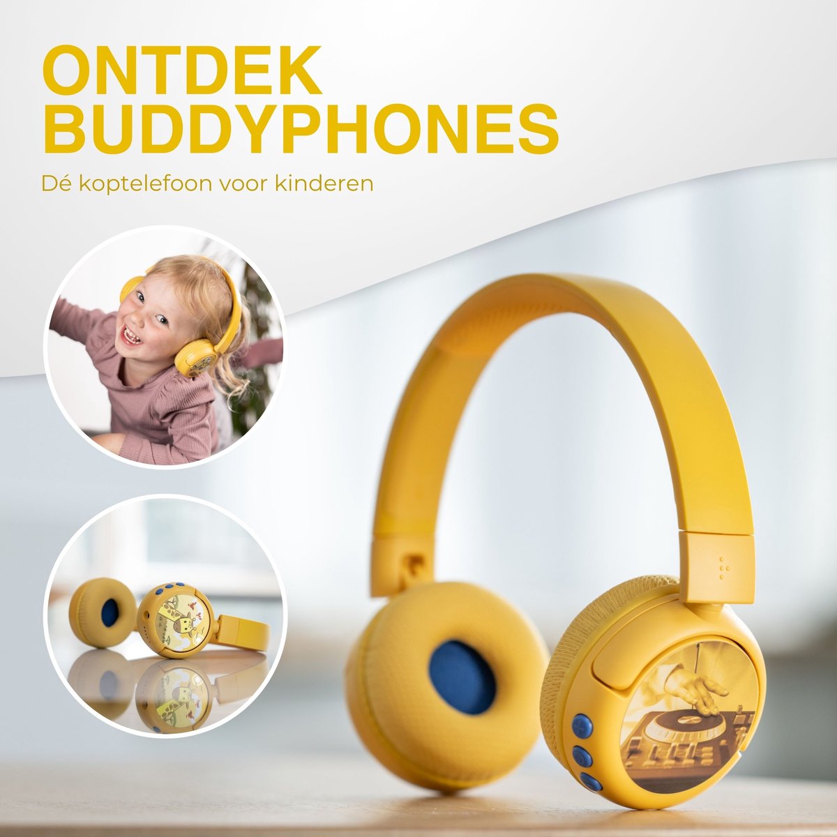 BuddyPhones PopFun Koptelefoon Kinderen - Kinder Koptelefoon Draadloos – Volumelimiet 84/95 dB – 24 uur batterijduur – Bluetooth Hoofdtelefoon - Ingebouwde microfoon - Inclusief Leuke Stickers - Geel — afbeelding 10