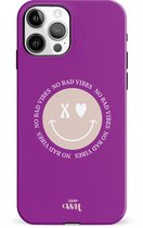xoxo Wildhearts No Bad Vibes Purple - Double Layer - Hard case hoesje geschikt voor iPhone 11 Pro hoesje - Hoesje met smiley / emoji - Beschermhoes geschikt voor iPhone 11 Pro case met print - paars