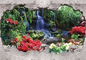 Fotobehang - Vlies Behang - Uitzicht op de Kleurrijke Jungel door Betonnen Muur 3D - 416 x 254 cm
