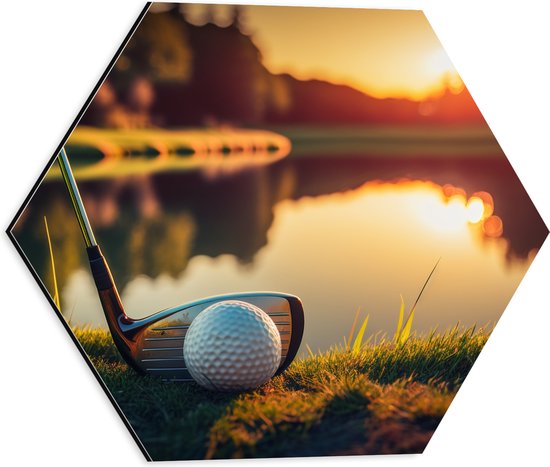 Dibond Hexagon - Golf - Golfbal - Golfclub - Zonsondergang - Gras - Water - 40x34.8 cm Foto op Hexagon (Met Ophangsysteem)