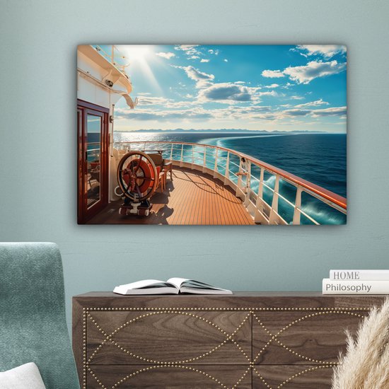 Tableau sur toile Bateau - Water - Mer - Navigation - Montagnes - Soleil - Maritime - 180x120 cm - Décoration murale XXL