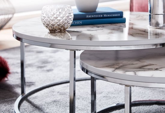 Set van 2 in elkaar schuivende salontafels - industriële stijl - marmerlook - Wit