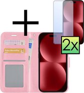 Hoes Geschikt voor iPhone 15 Hoesje Book Case Hoes Flip Cover Wallet Bookcase Met 2x Screenprotector - Lichtroze