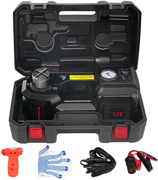 Cric hydraulique électrique 5T 12V, levée 155-450 mm, avec lampe LED et gonfleur, coffret