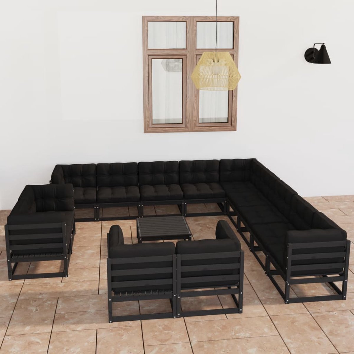 The Living Store 14-delige Loungeset met kussens massief grenenhout zwart - Lounge Set - Tuinset - Houten Lounge Set - Grenenhouten Set - Loungebank