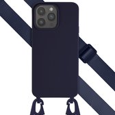 Selencia Hoesje Geschikt voor iPhone 15 Pro Max Hoesje Met Koord - Selencia Siliconen hoesje met afneembaar koord - Donkerblauw