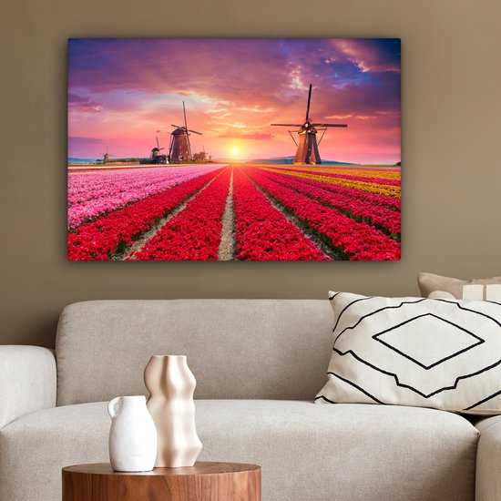 Moulin à peinture sur toile - Fleurs - Coucher de soleil - Hollandais - 60x40 cm - Décoration murale