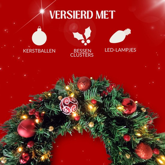 Buxibo PVC Kerstkrans met Decoraties - Groen - Met 40 Lampjes op Batterijbox - 150 Takken - 50cm