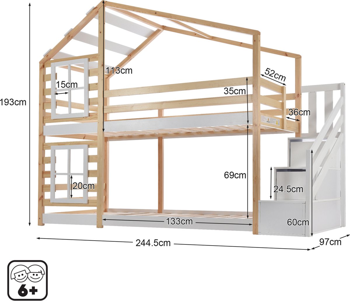 Lit superposé en bois - avec tiroir pour matelas N03 Pin Clair 80x180 Lit superposé en bois - avec tiroir pour matelas N03 Pin Clair 80x180