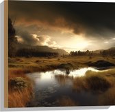 Hout - Landschap - Gras - Bomen - Wolken - Water - 50x50 cm - 9 mm dik - Foto op Hout (Met Ophangsysteem)