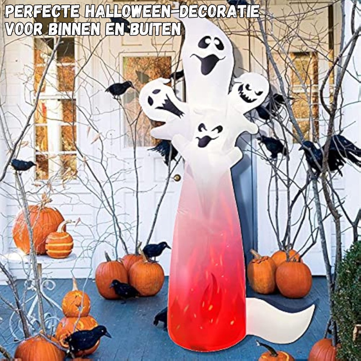 Outsunny 210 cm opblaasbare spook met pompoenkop, Halloweendecoratie met blauw vlameffect met LED-licht, opblaasbare Halloween-decoratie, waterdicht voor binnen en buiten