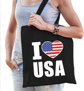 Katoenen Amerika tasje I love USA zwart - 10 liter - Amerikaanse landen cadeautas