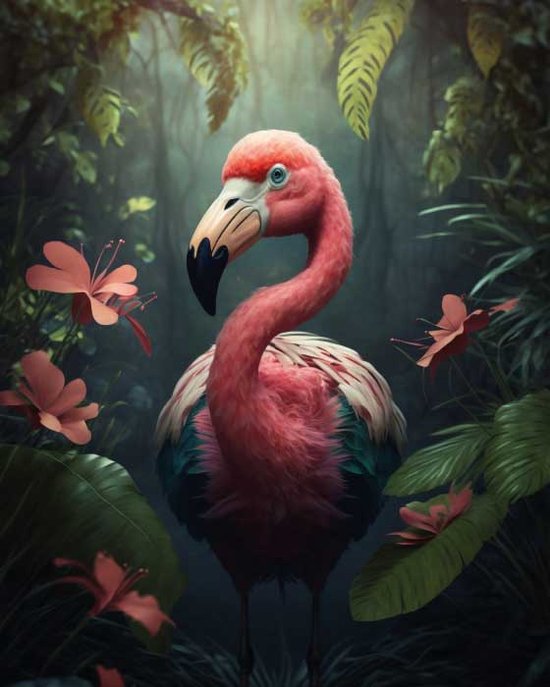 Flamingo with Pink Flowers Art Print 40x50cm | Poster